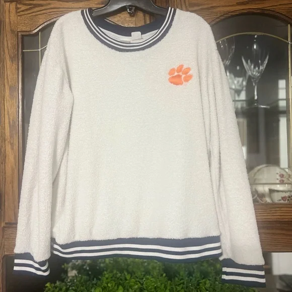 White Cream Sherpa Pullover Sweatshirt Orange Paw Print Varsity Banded Navy Blue - Picture 2 of 6